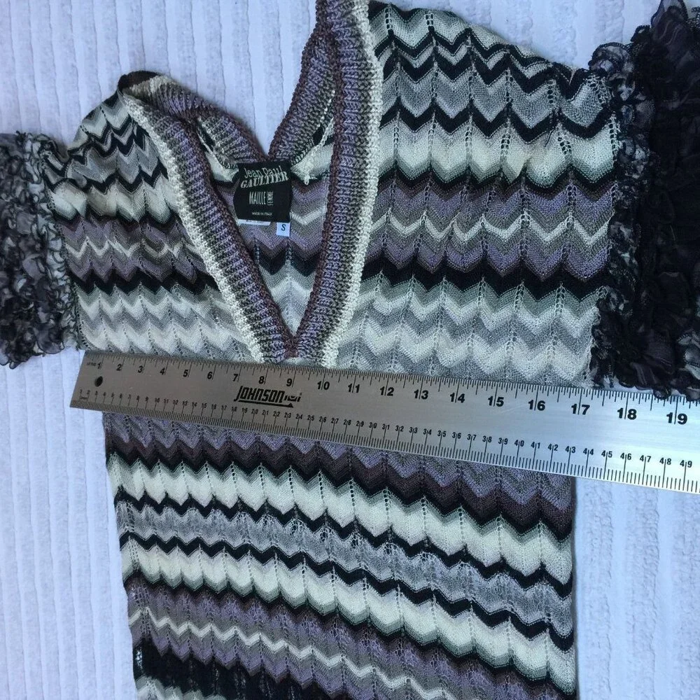 Jean Paul Gaultier Womens Small Short Sleeve Ruffle Lace Knit Top Chevron Gray - Picture 5 of 10